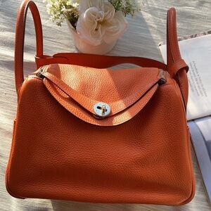 Hermes Orange Clemence Palladium Plated Lindy Bag 30
